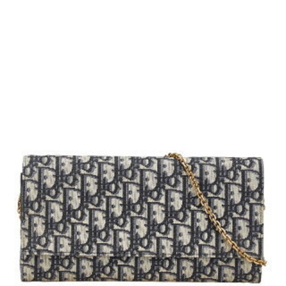 Dior Oblique Chain Wallet Shoulder Bag Beige Navy Blue Leather - Picture 1 of 8